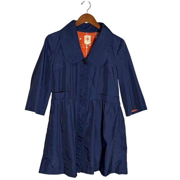 Tulle Jackets & Blazers - Tulle Navy Blue Coat With Orange Plaid Lining XL Lightweight 3/4 Sleeves Button